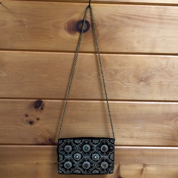 Vintage Zardozi Black Velvet Evening Purse Metal Thread Goldwork Embroidery - Picture 2 of 12